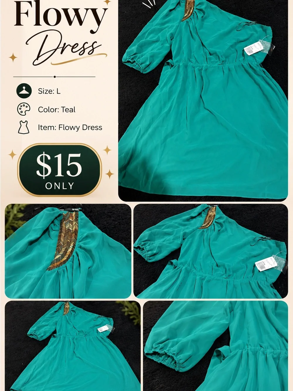 Girls' Teal Flowy Dress with Gold Accent